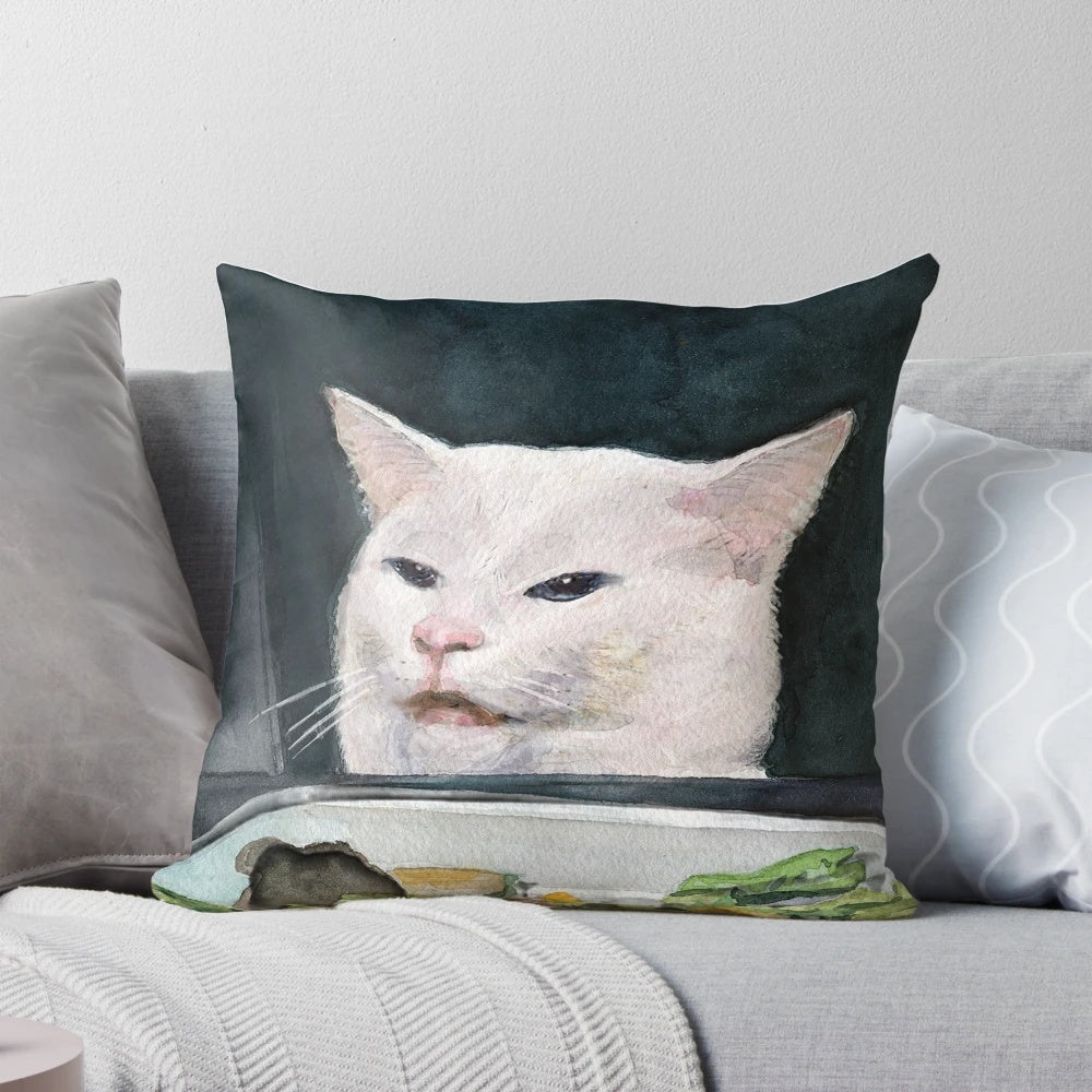 Colorful watercolor illustration of a woman yelling at a cat, a popular internet meme.