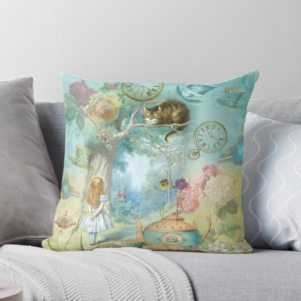 Vintage-style Alice in Wonderland-inspired decorative throw pillow