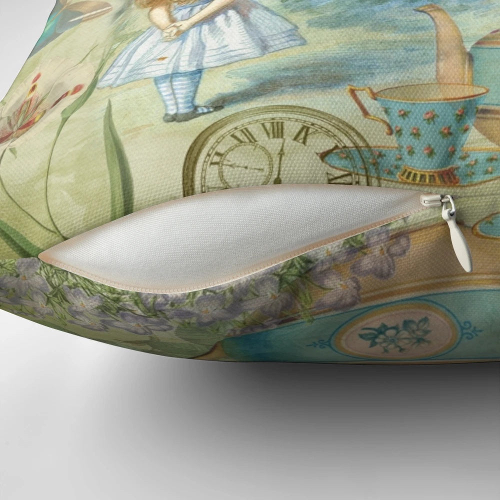 Vintage-style Alice in Wonderland-inspired decorative throw pillow