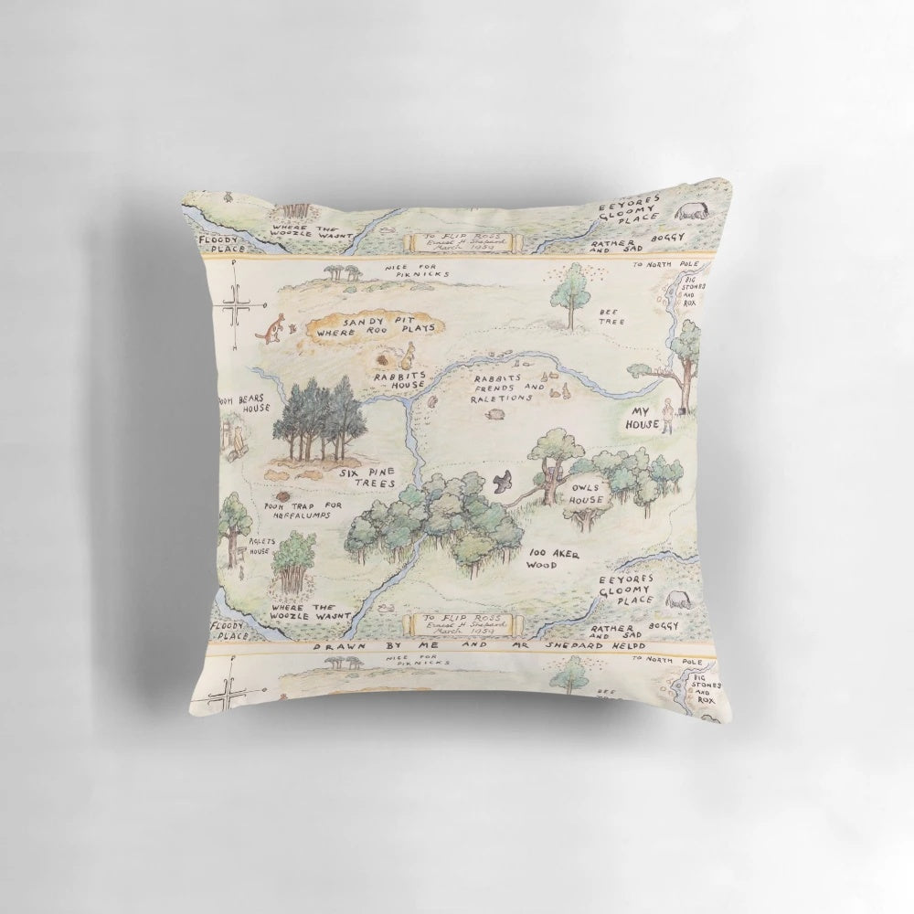 Colorful decorative pillow featuring a map of the Hundred Acre Wood from Alice in Wonderland
