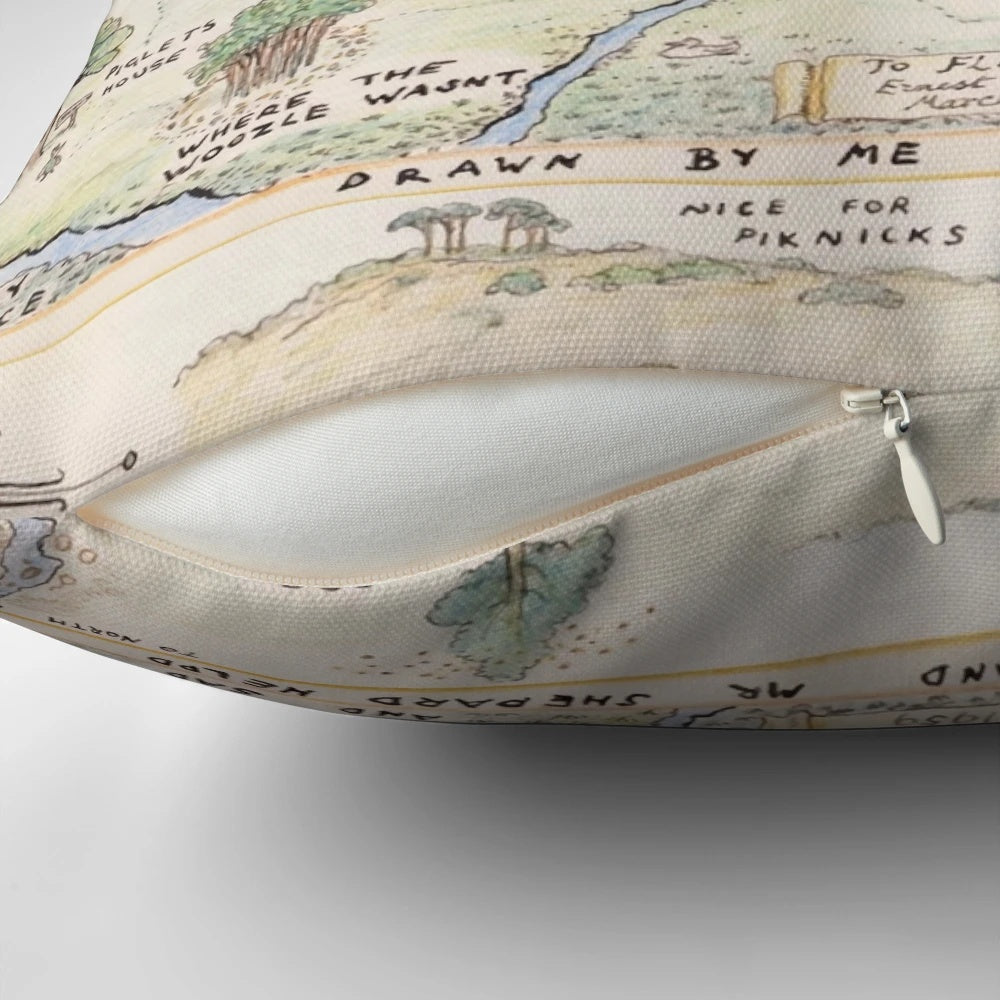 Colorful decorative pillow featuring a map of the Hundred Acre Wood from Alice in Wonderland