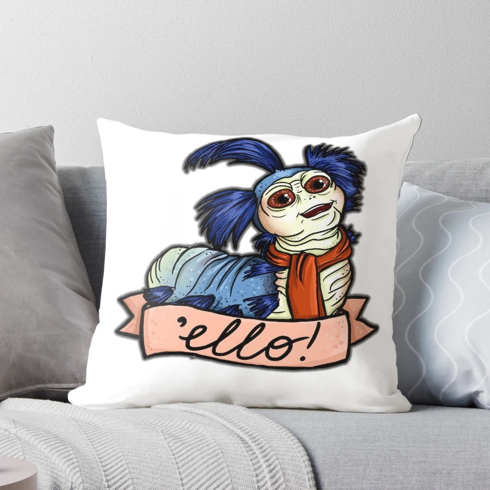 Whimsical worm-shaped pillow inspired by the classic movie Labyrinth