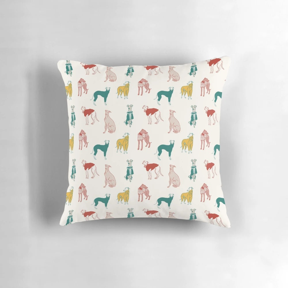 Whippet breed decorative throw pillow with a neutral, minimalist dog pattern design.