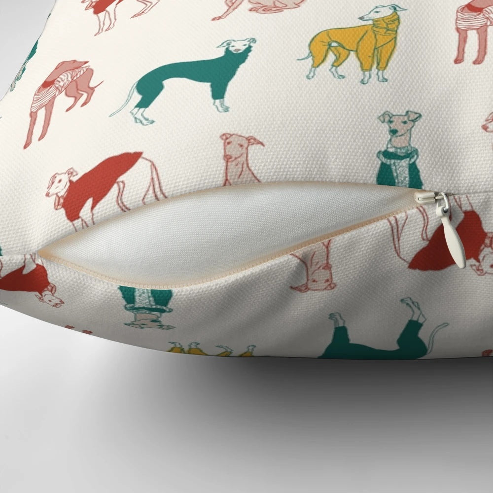Whippet breed decorative throw pillow with a neutral, minimalist dog pattern design.