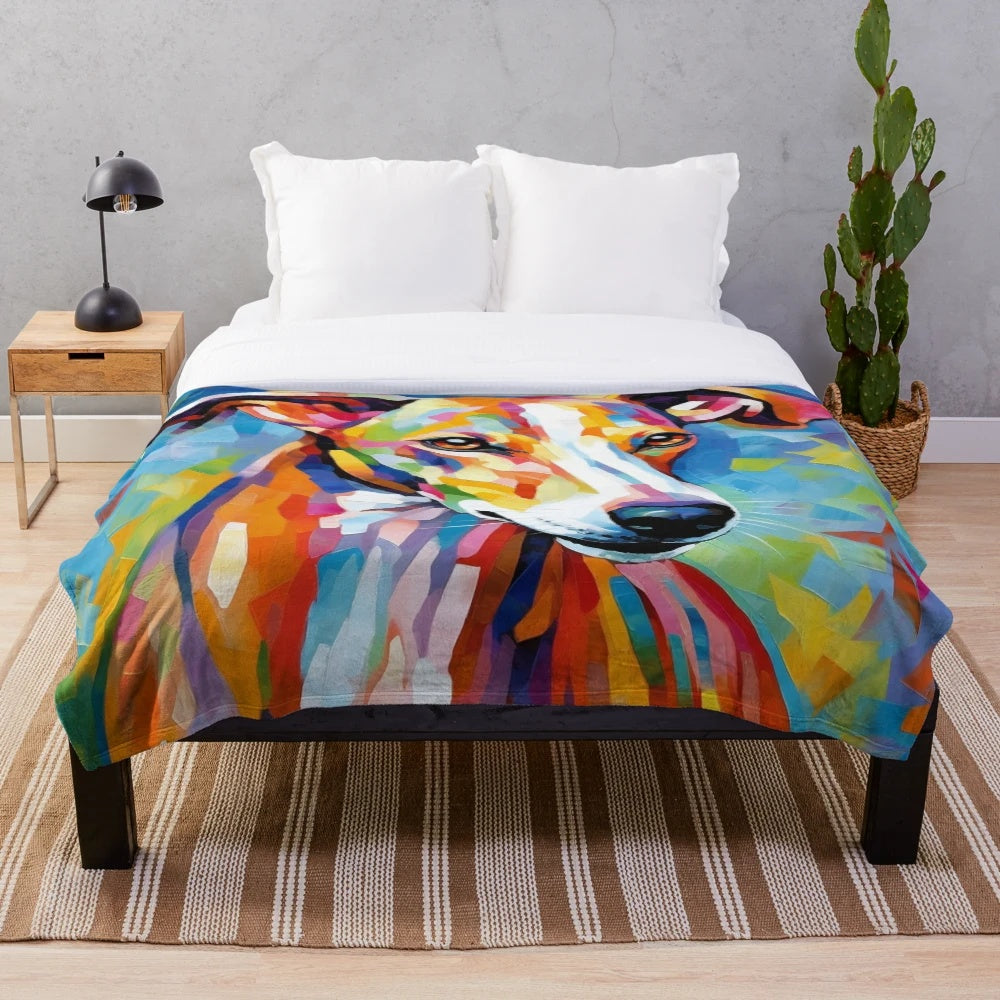 A cozy plush blanket featuring a whippet dog in a watercolor, palette knife painting style.