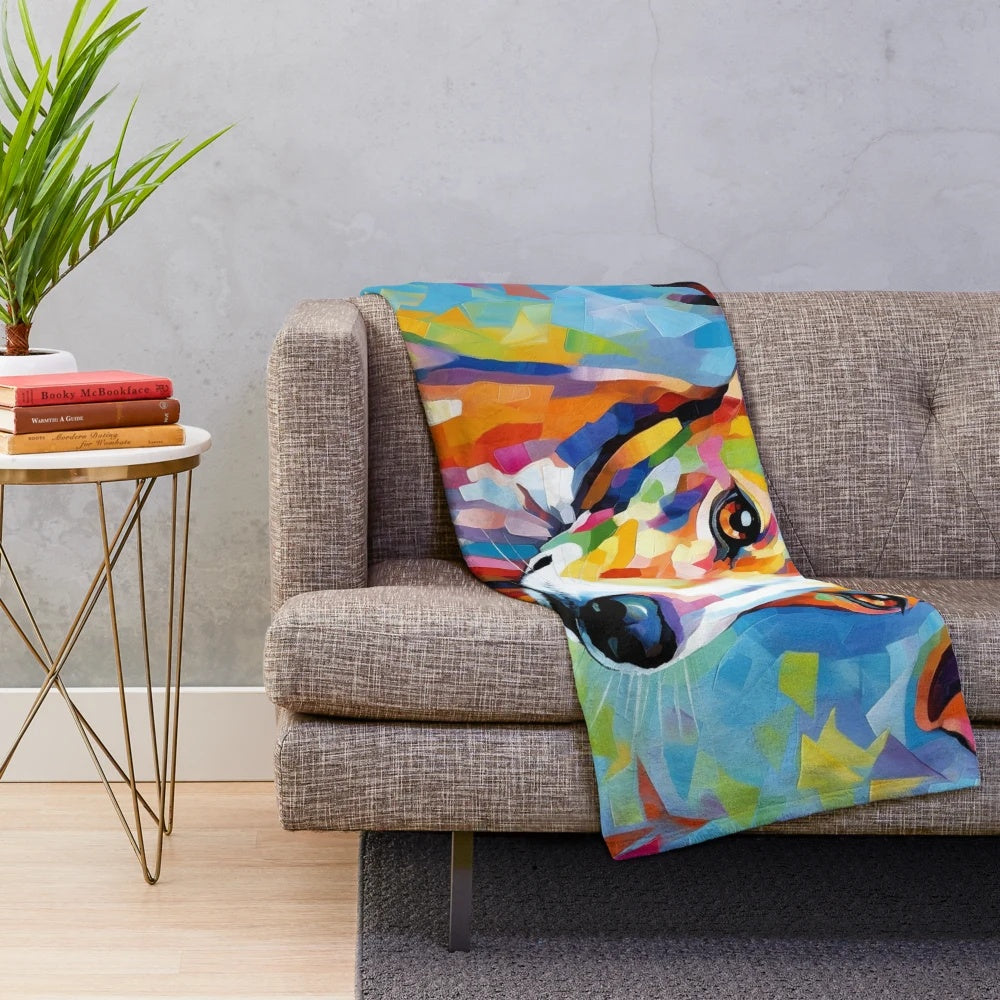 A cozy plush blanket featuring a whippet dog in a watercolor, palette knife painting style.
