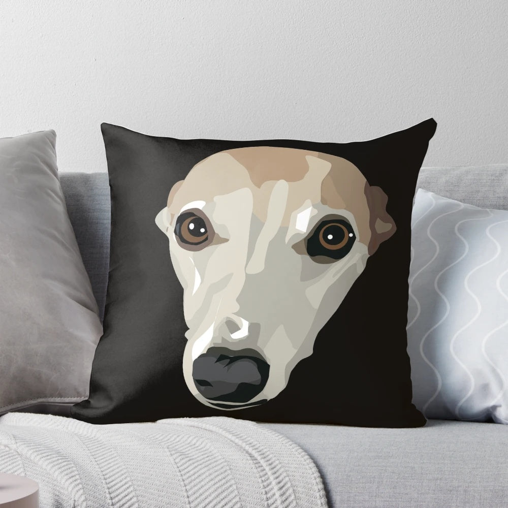 Fawn-colored whippet or hound breed dog on a soft, plush pillow
