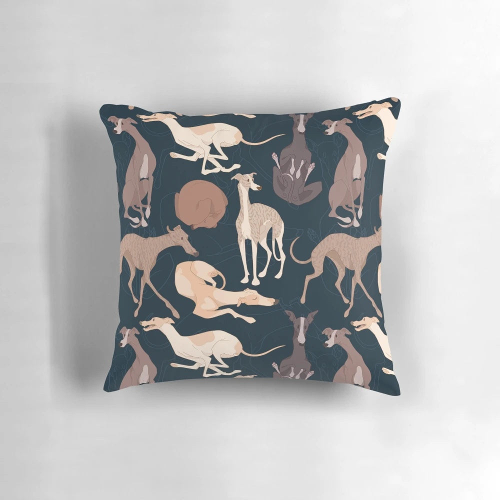 Dark-colored throw pillow featuring a repeating whippet dog pattern design