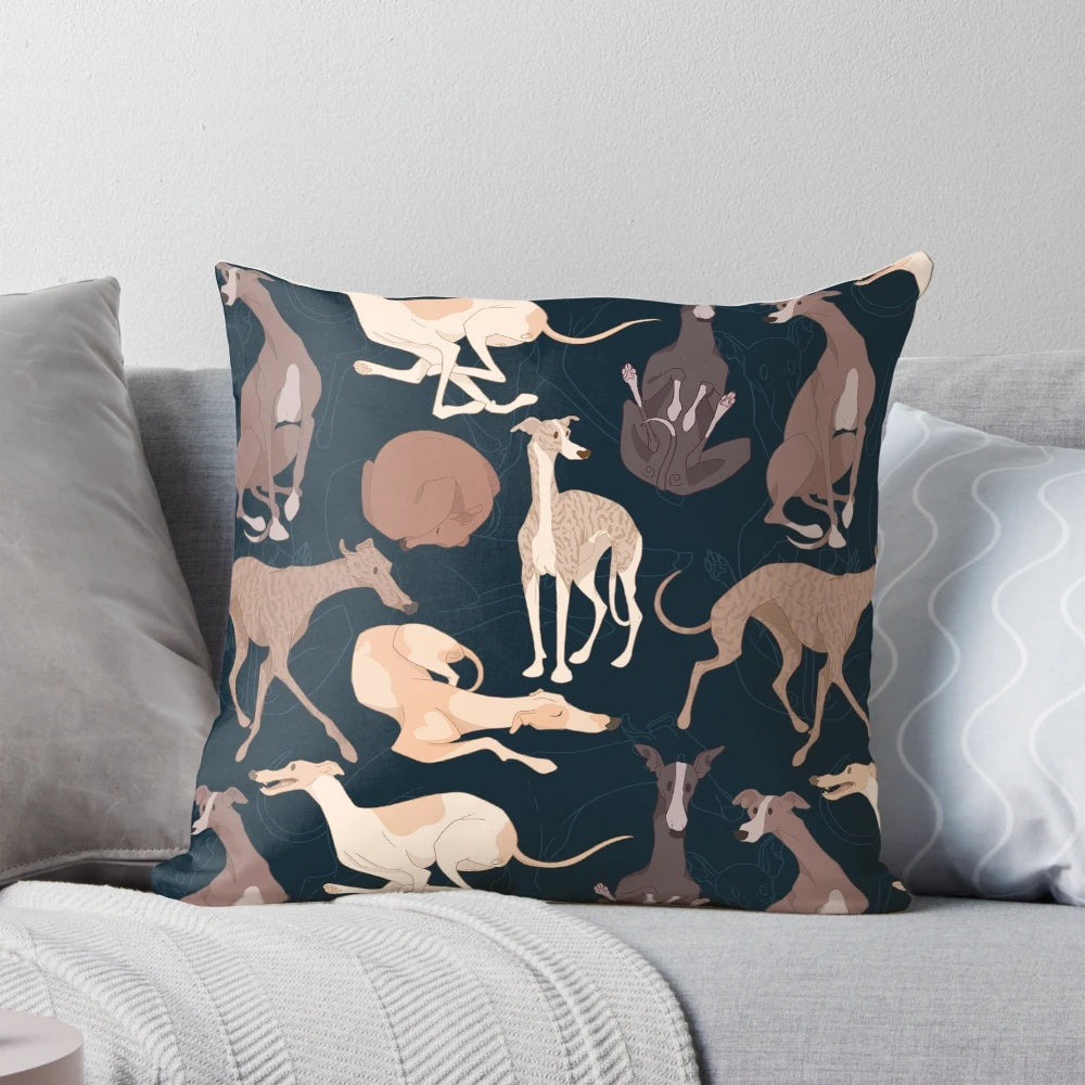Dark-colored throw pillow featuring a repeating whippet dog pattern design
