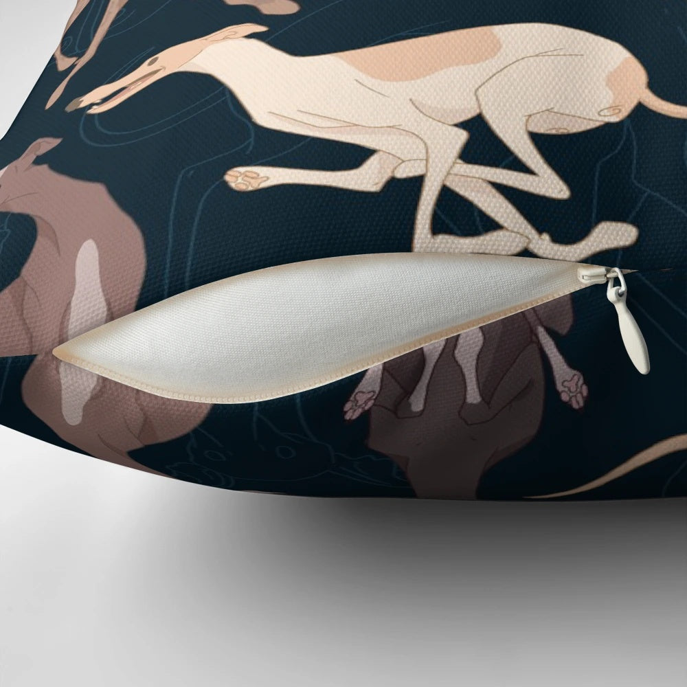 Dark-colored throw pillow featuring a repeating whippet dog pattern design