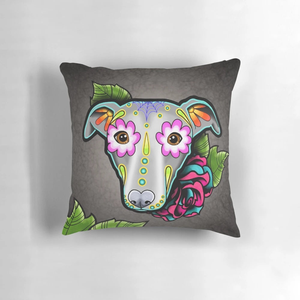 Whippet or Greyhound dog breed pillow featuring a sugar skull design for Day of the Dead or Dia de los Muertos