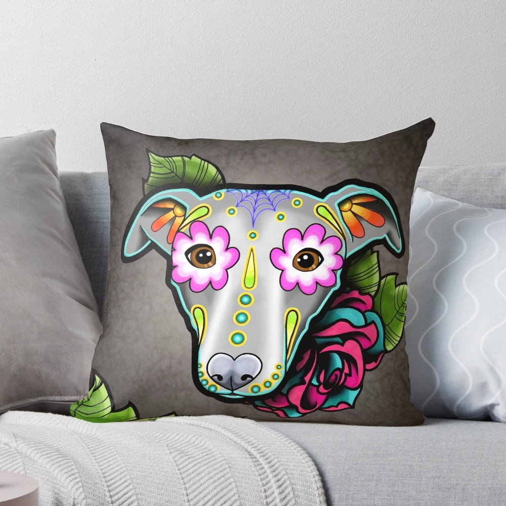 Whippet or Greyhound dog breed pillow featuring a sugar skull design for Day of the Dead or Dia de los Muertos