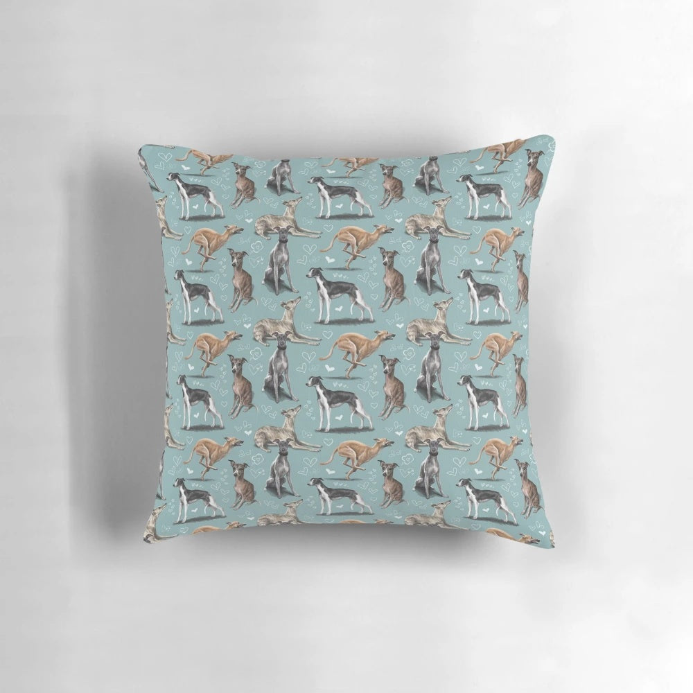 Soft, plush pillow featuring a whippet dog breed pattern