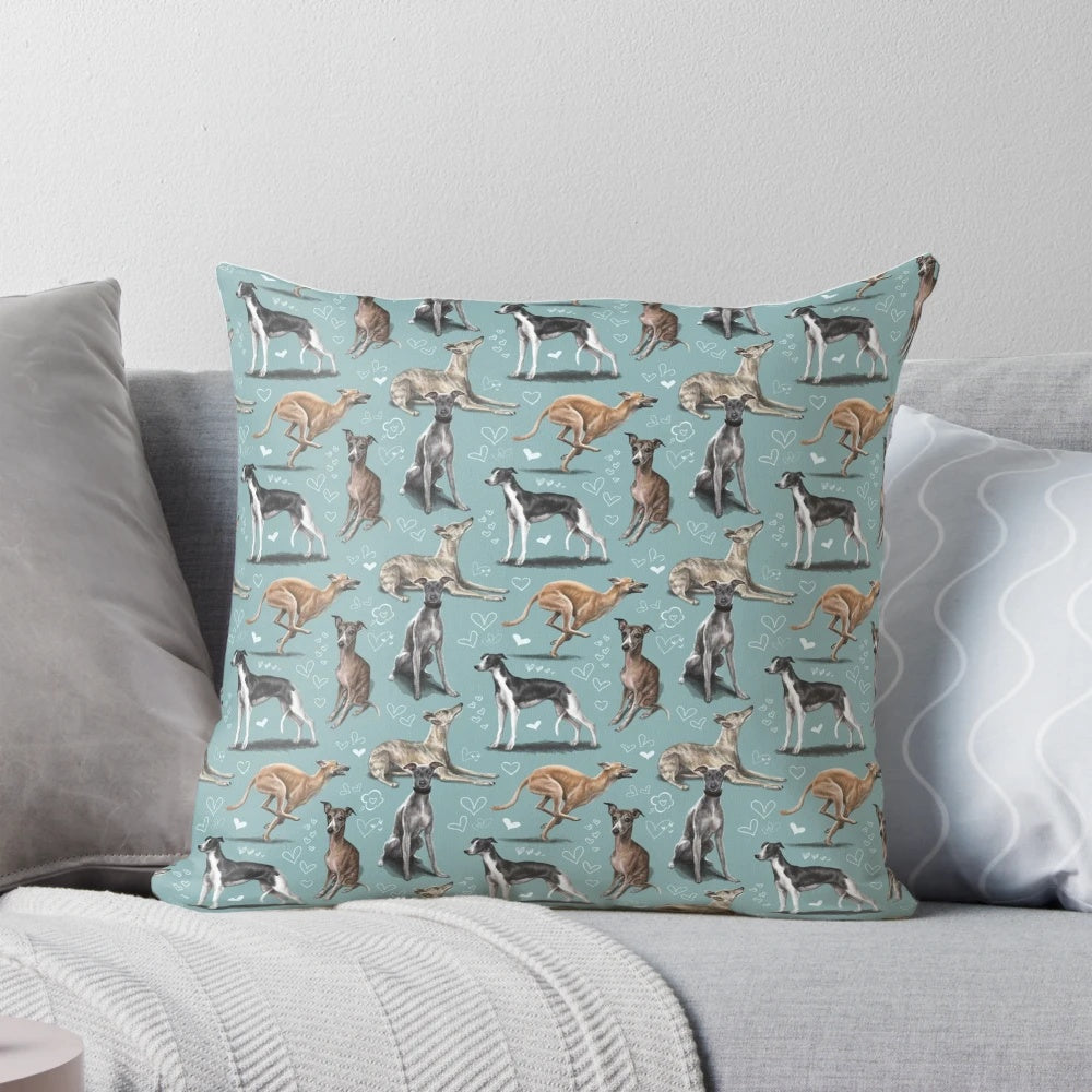 Soft, plush pillow featuring a whippet dog breed pattern