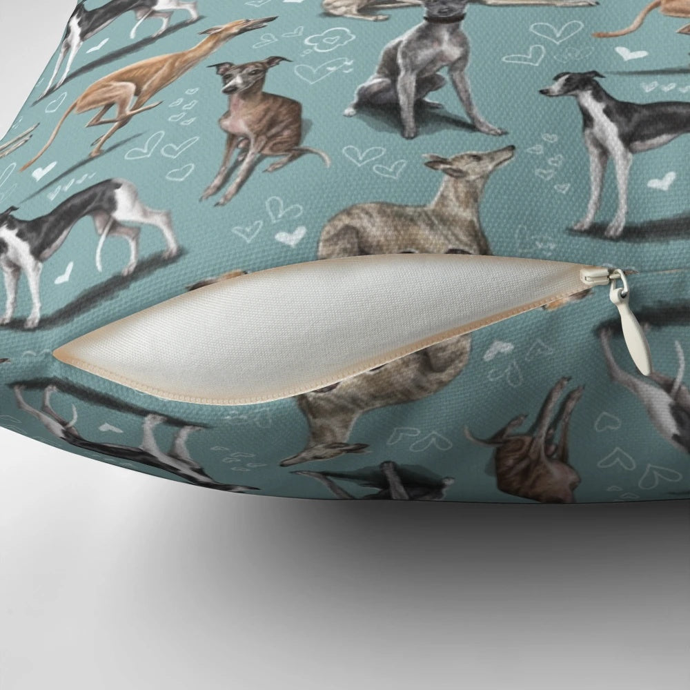 Soft, plush pillow featuring a whippet dog breed pattern