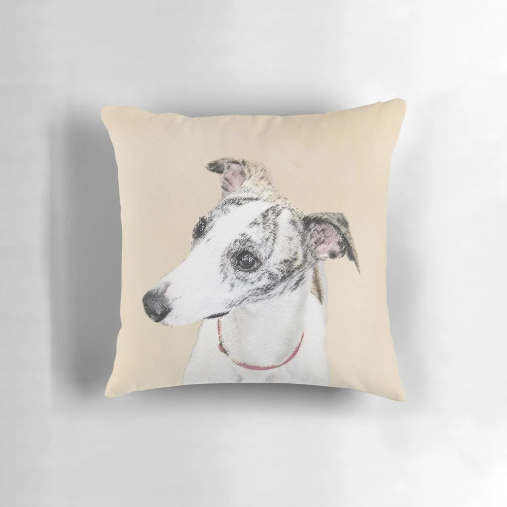 Whippet dog portrait printed on a soft, plush throw pillow