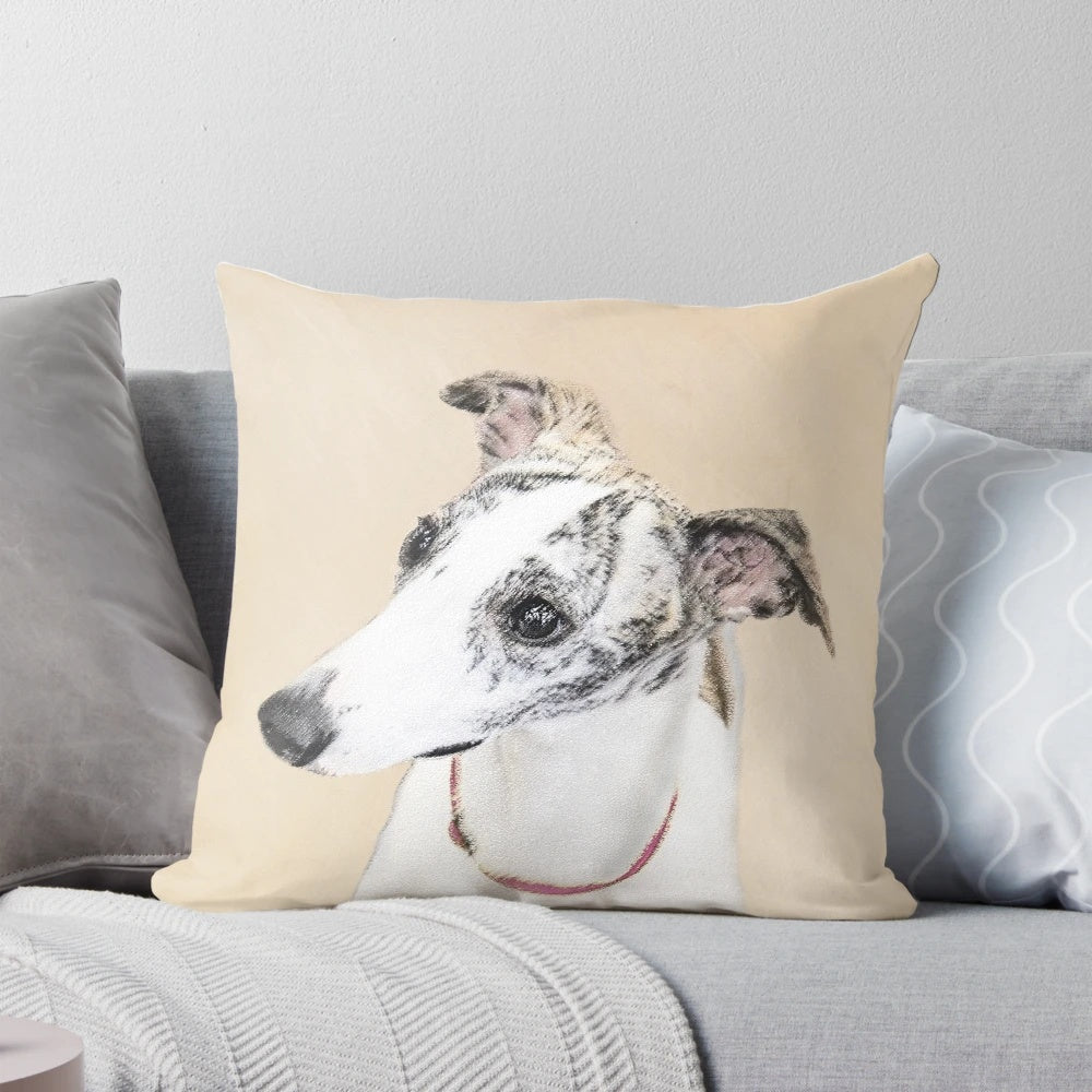Whippet dog portrait printed on a soft, plush throw pillow