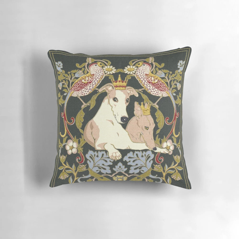 An embroidered arts and crafts style pillow featuring whippets and strawberry thieves, inspired by the designs of William Morris.
