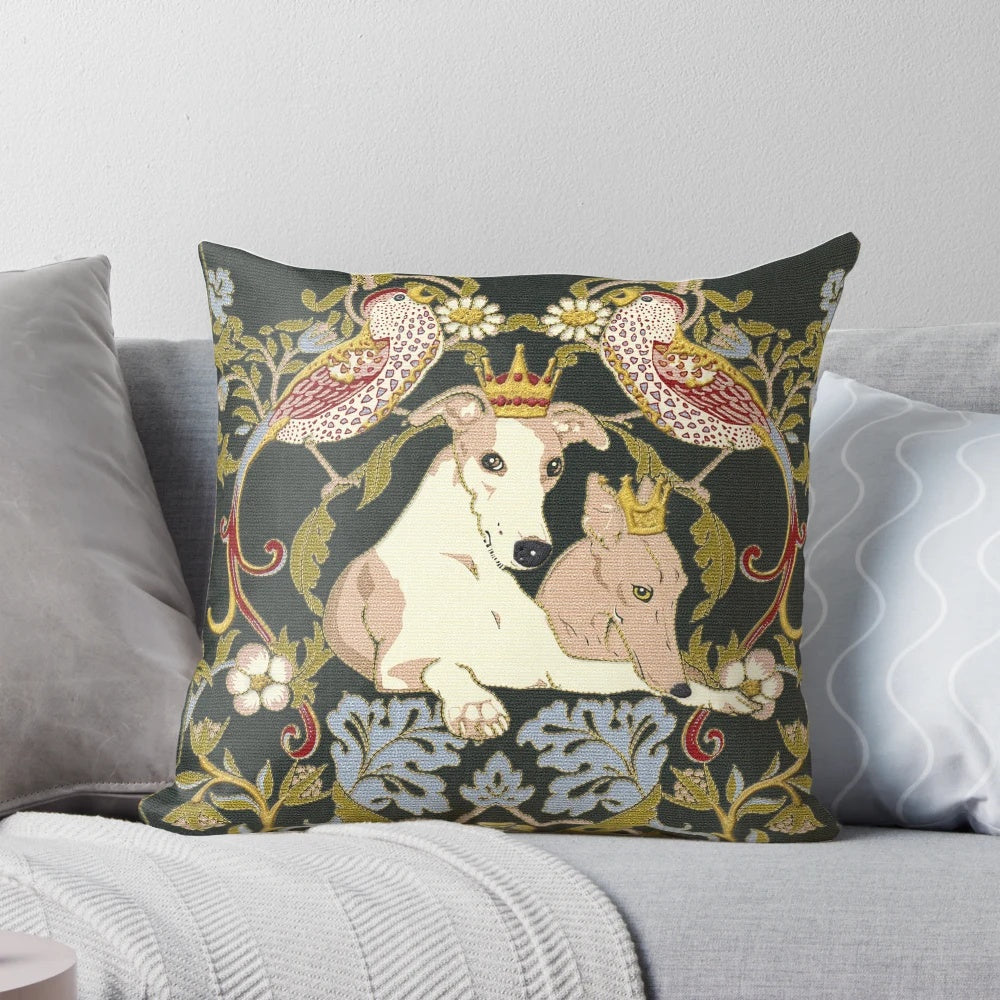 An embroidered arts and crafts style pillow featuring whippets and strawberry thieves, inspired by the designs of William Morris.