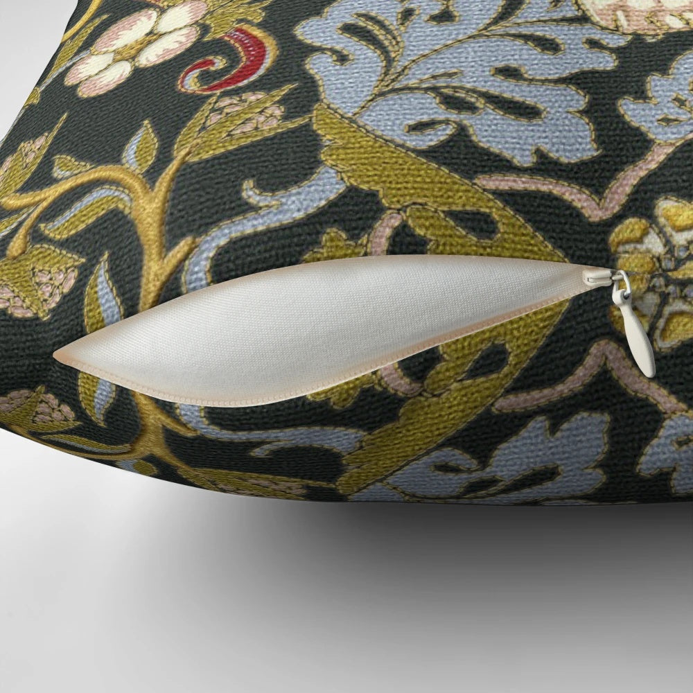 An embroidered arts and crafts style pillow featuring whippets and strawberry thieves, inspired by the designs of William Morris.