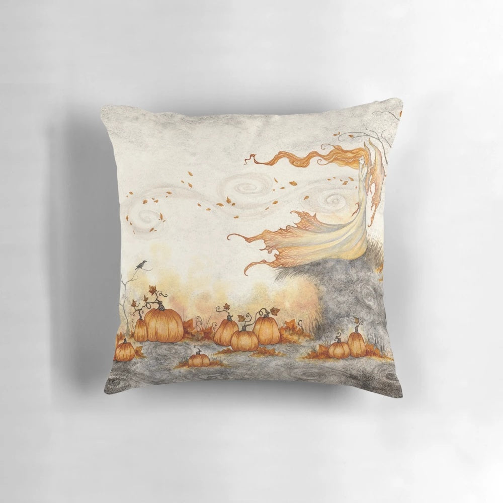 Whimsical pumpkin patch pillow with fairy, crow, and fall leaves design