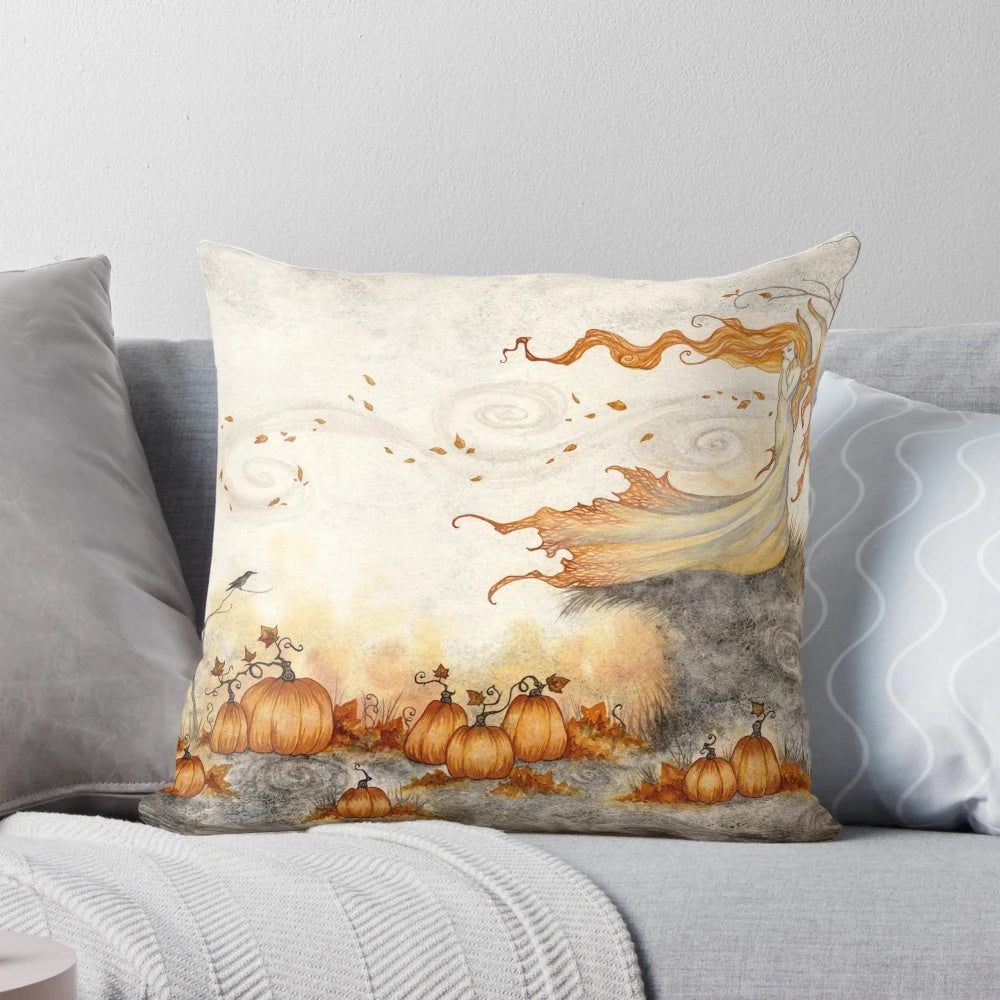Whimsical pumpkin patch pillow with fairy, crow, and fall leaves design