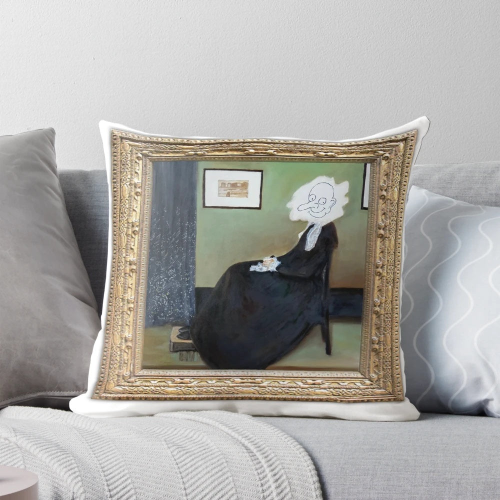 Whistler's Mother inspired decorative pillow with a playful Mr. Bean twist, perfect for adding a touch of comedy and pop art to your home.