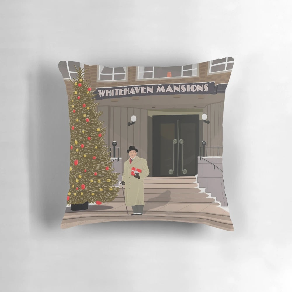 Christmas Pillow featuring the iconic Whitehaven Mansions from London detective fiction