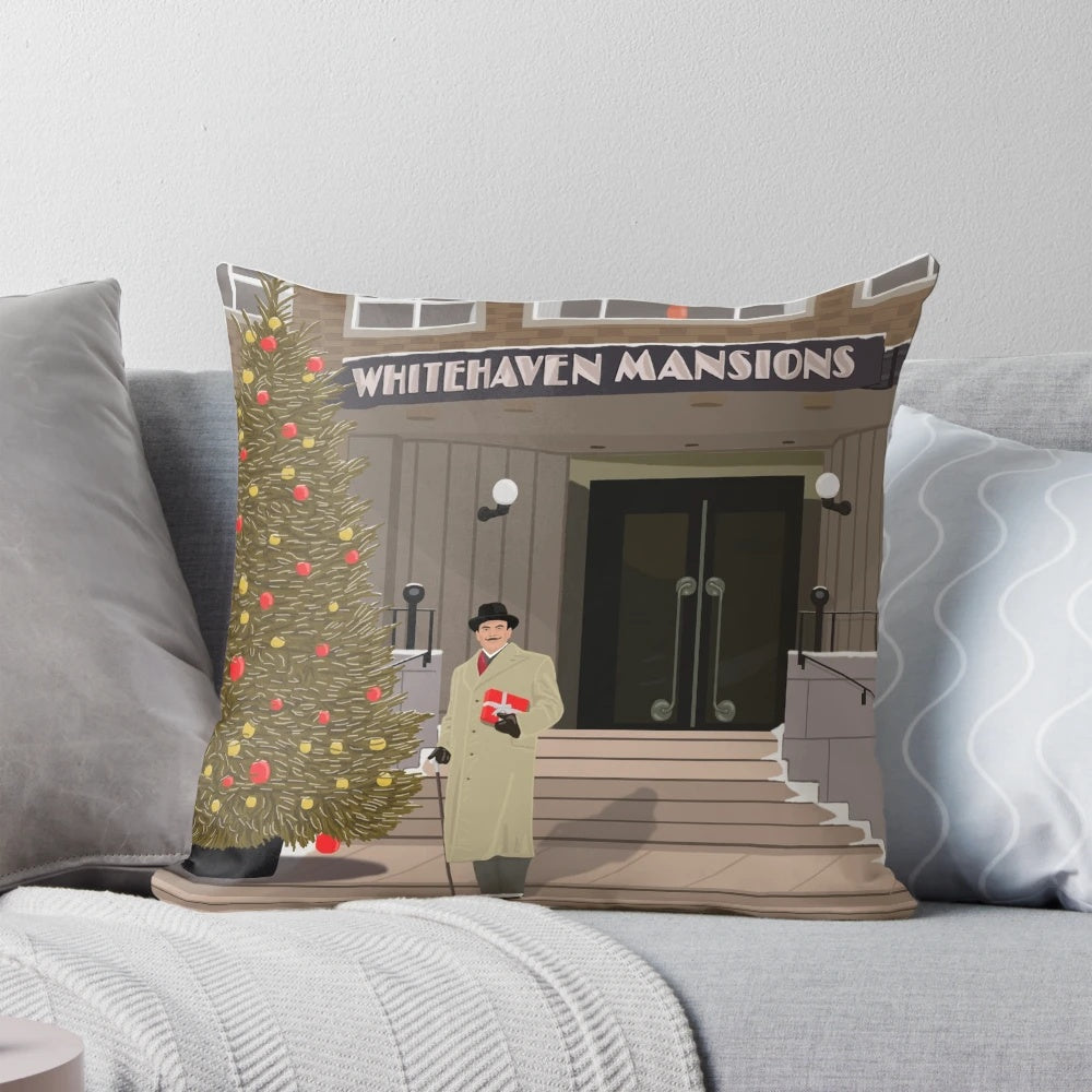 Christmas Pillow featuring the iconic Whitehaven Mansions from London detective fiction