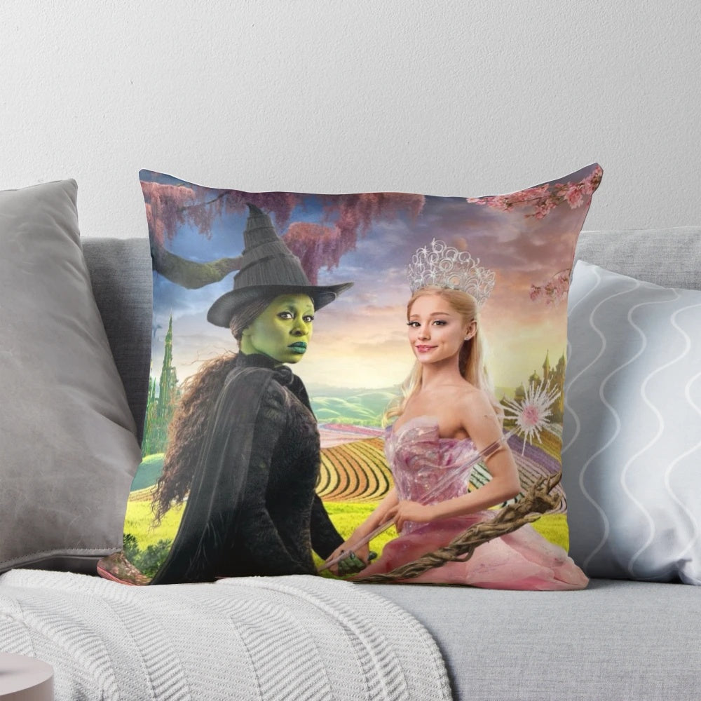 Wicked movie poster throw pillow featuring Elphaba and Glinda from the popular Broadway musical.