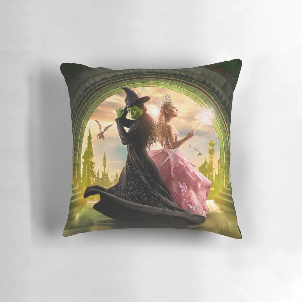 Wicked musical-themed decorative pillow with Elphaba and Glinda design