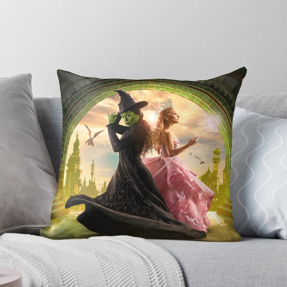 Wicked musical-themed decorative pillow with Elphaba and Glinda design