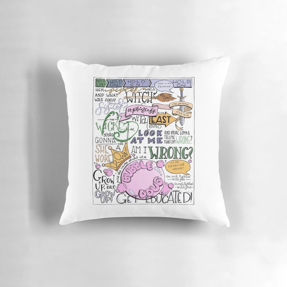 A colorized, hand-lettered throw pillow featuring the iconic image of the Wicked Witch of the East's legs sticking out from under a house.