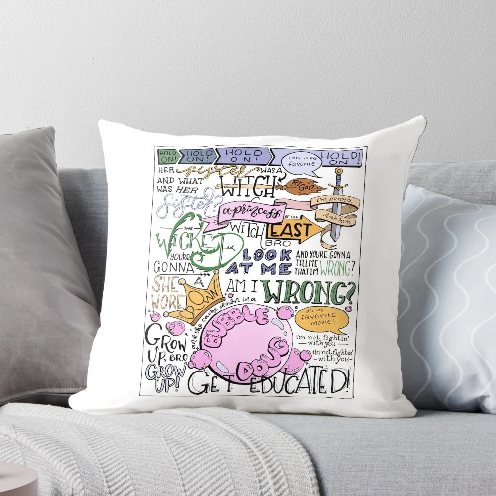 A colorized, hand-lettered throw pillow featuring the iconic image of the Wicked Witch of the East's legs sticking out from under a house.