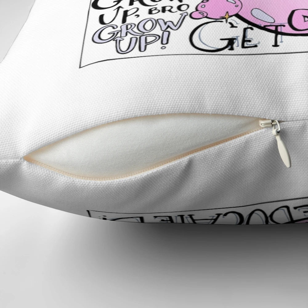 A colorized, hand-lettered throw pillow featuring the iconic image of the Wicked Witch of the East's legs sticking out from under a house.