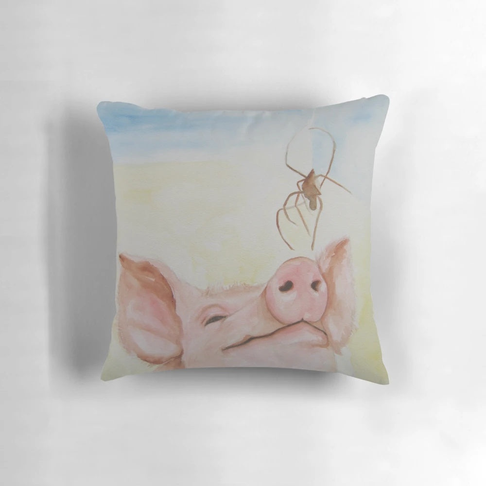 Wilbur and Charlotte inspired pillow featuring a pig and spider in a nature-themed design