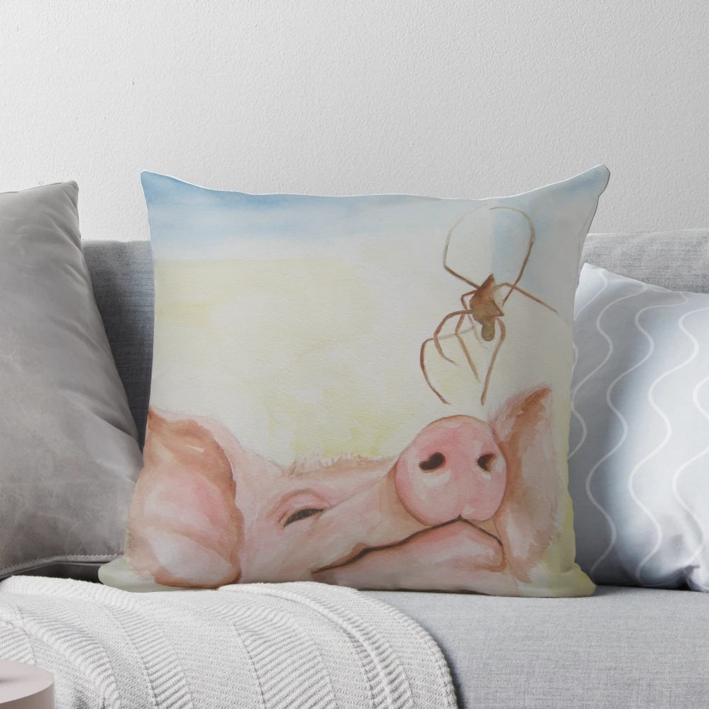 Wilbur and Charlotte inspired pillow featuring a pig and spider in a nature-themed design