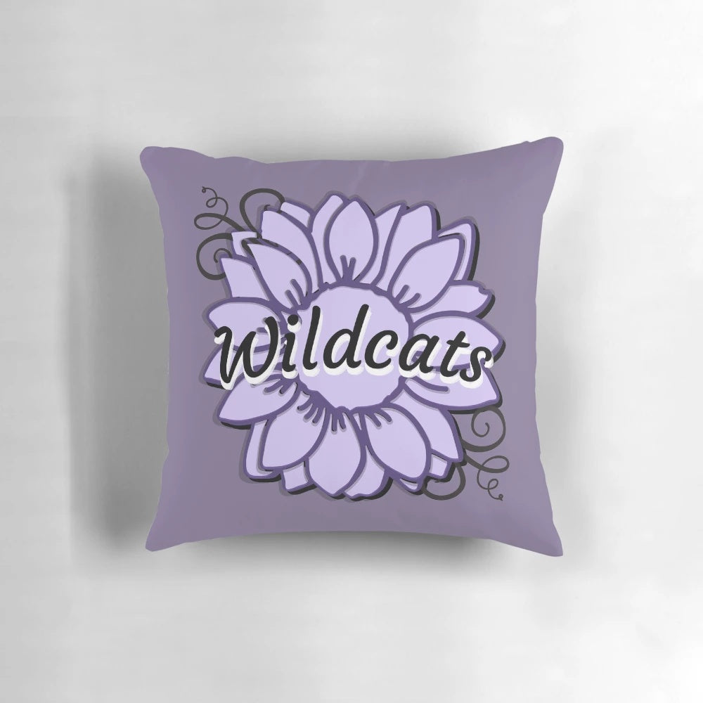 Wildcats purple sunflower decorative pillow with script font design