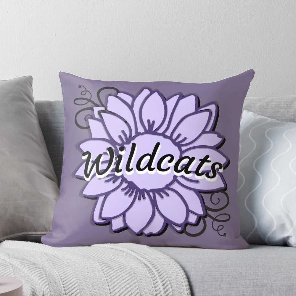 Wildcats purple sunflower decorative pillow with script font design
