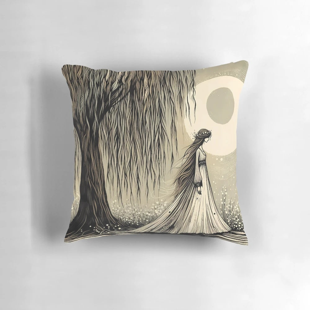 Willow Goddess Pillow featuring a serene forest scene and willow tree design