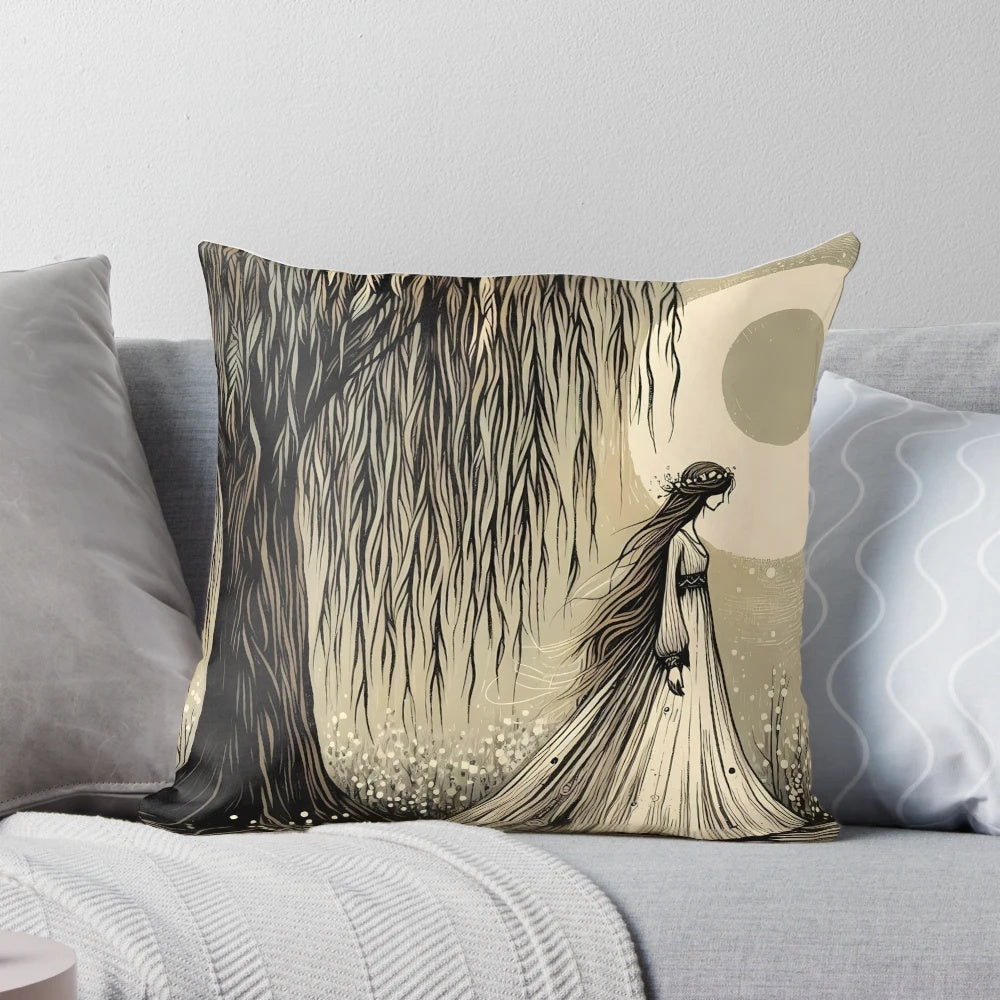 Willow Goddess Pillow featuring a serene forest scene and willow tree design