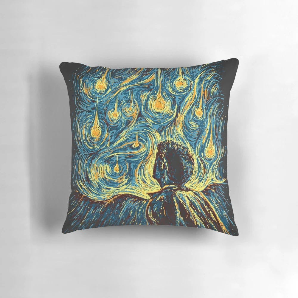 Supernatural-themed decorative pillow featuring a Starry Night-inspired design with angels and the Winchester brothers
