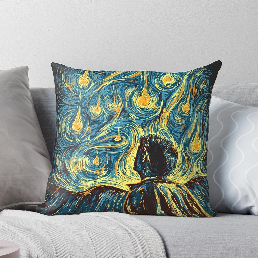 Supernatural-themed decorative pillow featuring a Starry Night-inspired design with angels and the Winchester brothers