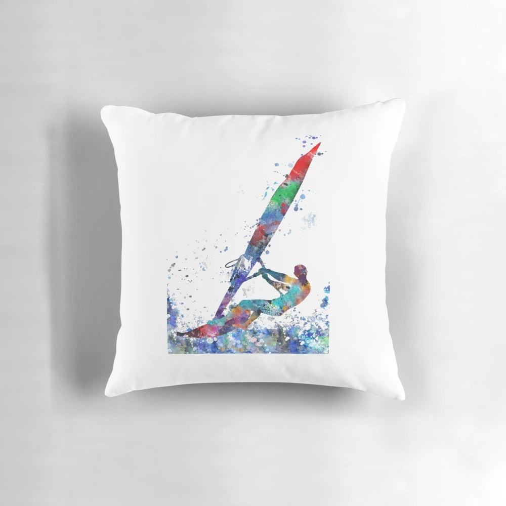 Windsurfing watercolor art pillow featuring a vibrant depiction of a windsurfing man on the open sea