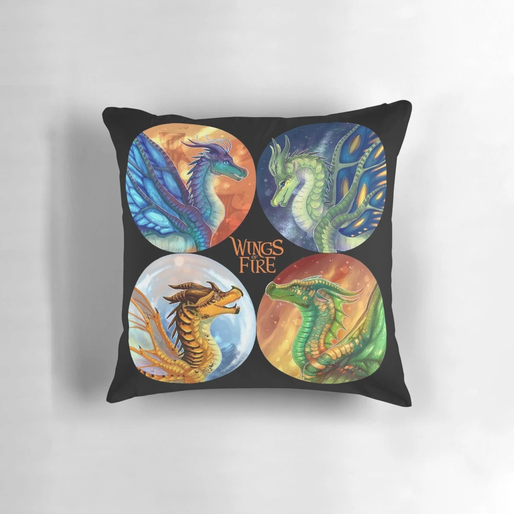 A colorful and vibrant pillow featuring characters from the Wings of Fire book series.