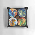 A colorful and vibrant pillow featuring characters from the Wings of Fire book series.