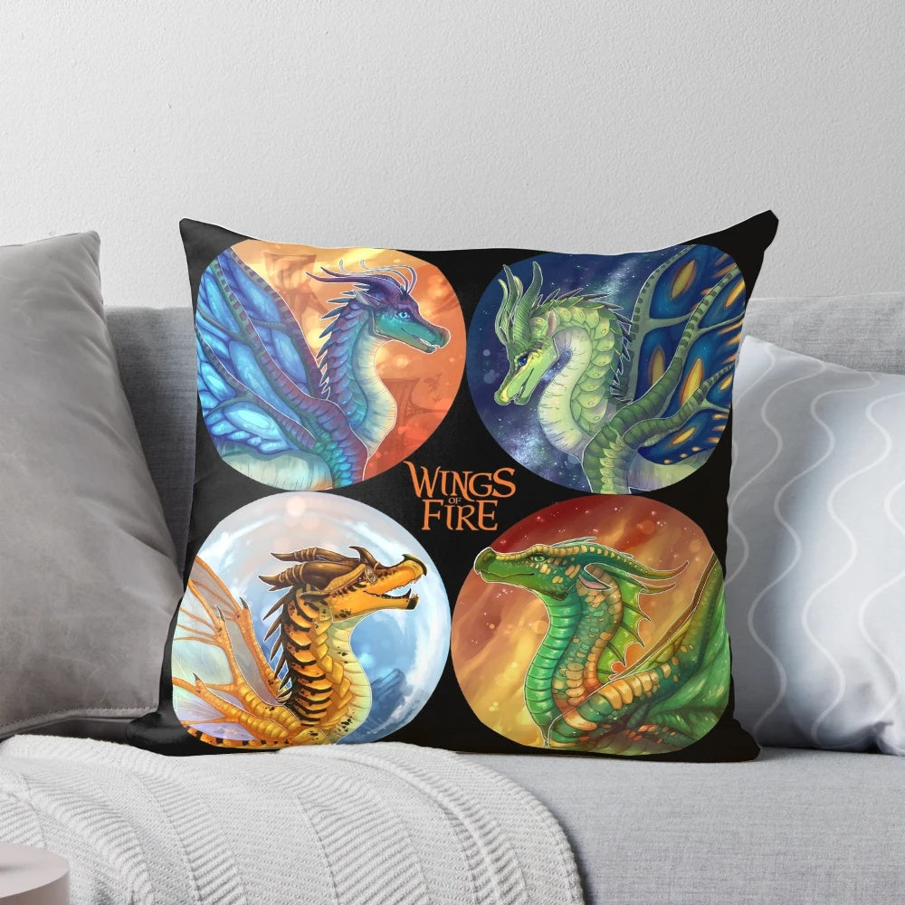 A colorful and vibrant pillow featuring characters from the Wings of Fire book series.