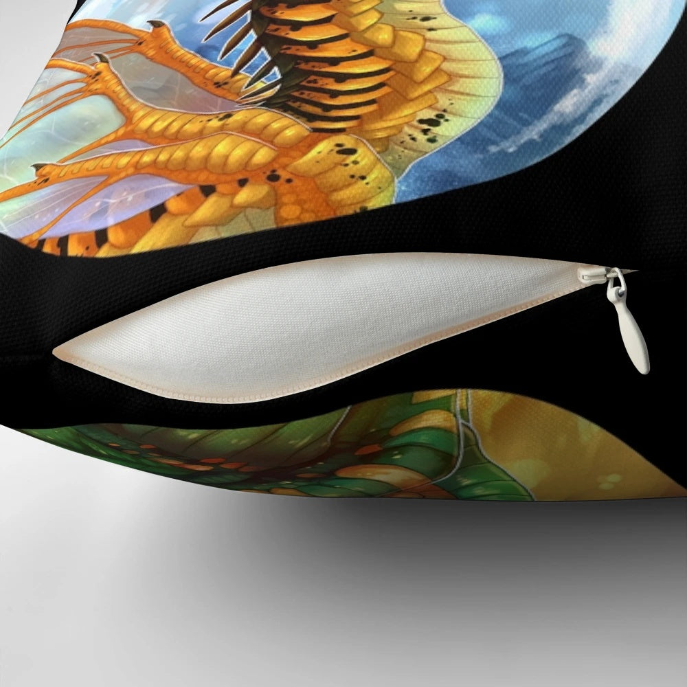 A colorful and vibrant pillow featuring characters from the Wings of Fire book series.
