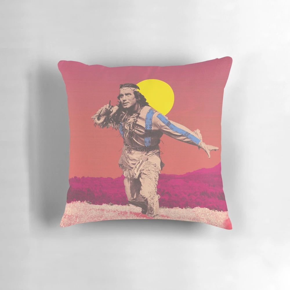 Winnetou, the legendary Apache chief, featured on a custom designed pillow inspired by the classic Karl May novels and films.