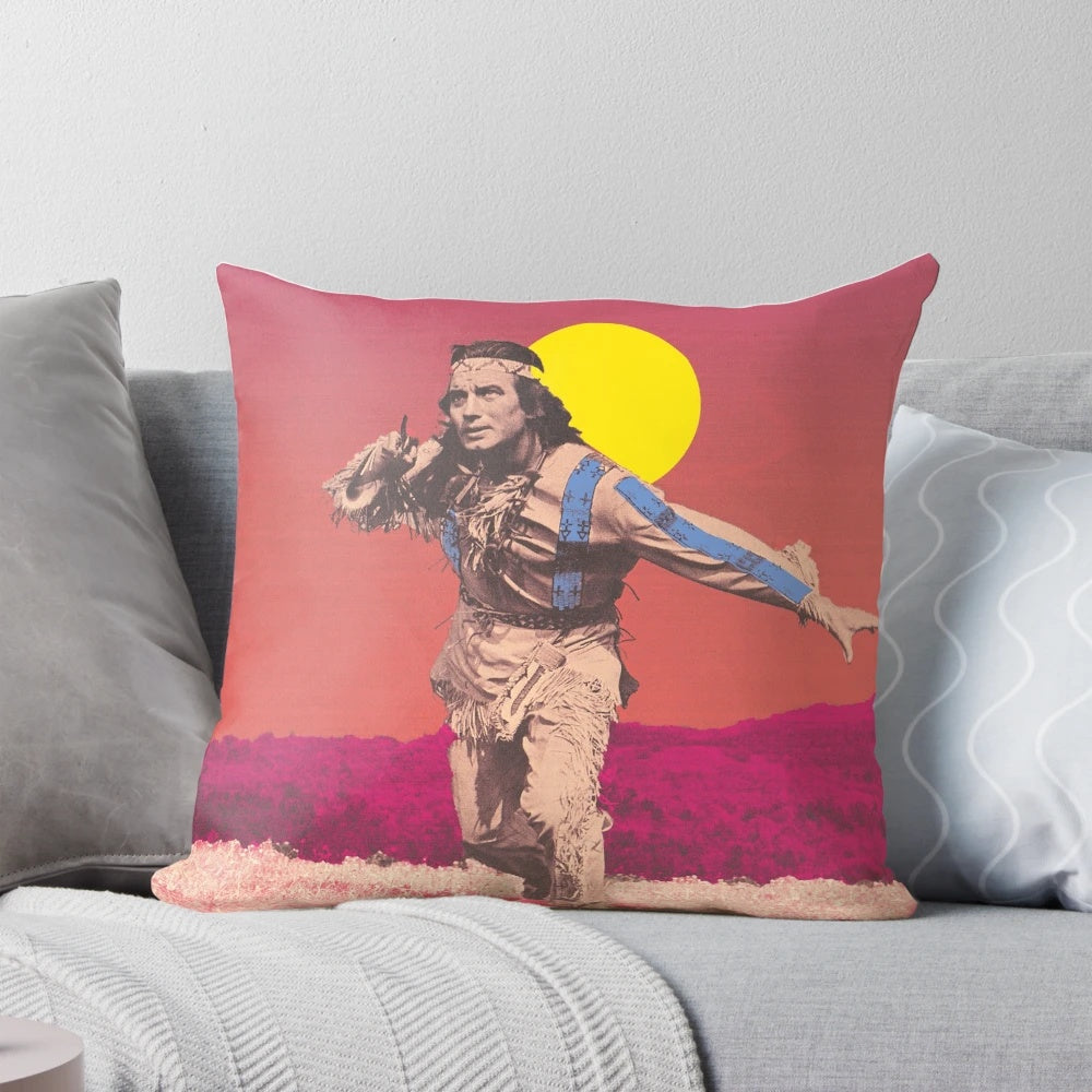 Winnetou, the legendary Apache chief, featured on a custom designed pillow inspired by the classic Karl May novels and films.